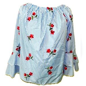 NWT Flores off the shoulder, blue & white striped embroidered top, 3X